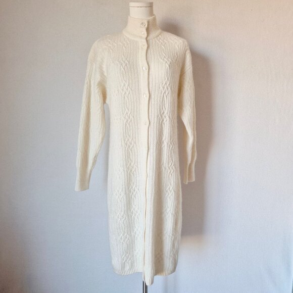 Vintage Liz Claiborne Lambswool Angora Cable-Knit Button-Up Sweater Dress Ivory - Picture 2 of 12